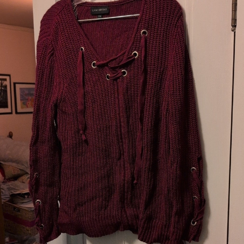 Lane Bryant Deep Red Lace-Up V-Neck Sweater